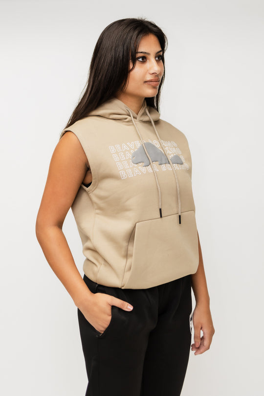 SLEEVELESS HOODIE SWEATSHIRT BEAVER BOXING - BEIGE