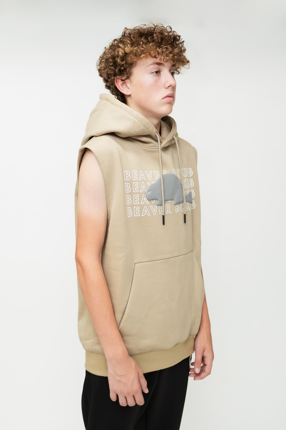 SLEEVELESS HOODIE SWEATSHIRT BEAVER BOXING - BEIGE